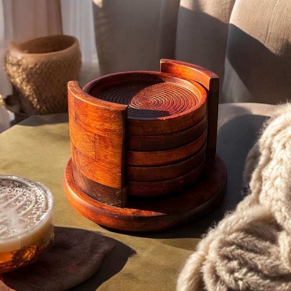 Cozy Cherry Color Wood Coaster Tower Set